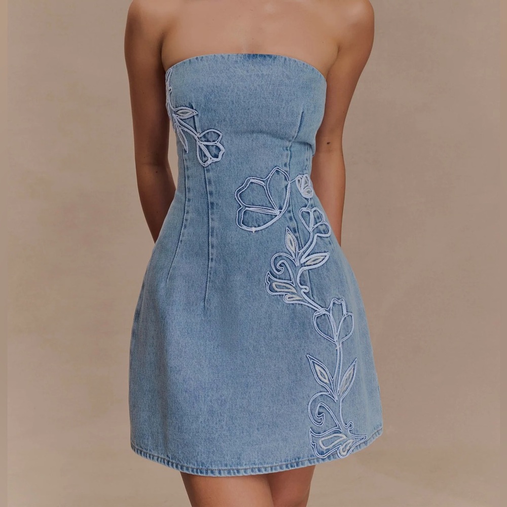 NWT | Meshki Akira Embroidered Denim Mini Dress - Mid Blue | SZ 3X (16)